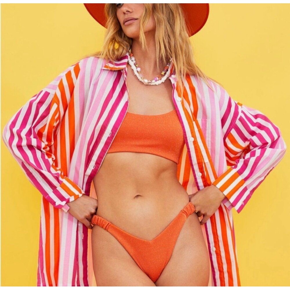 Beach Riot Alexa Swim Button Up Top in Pink Orange Stripe Sunset Size PL